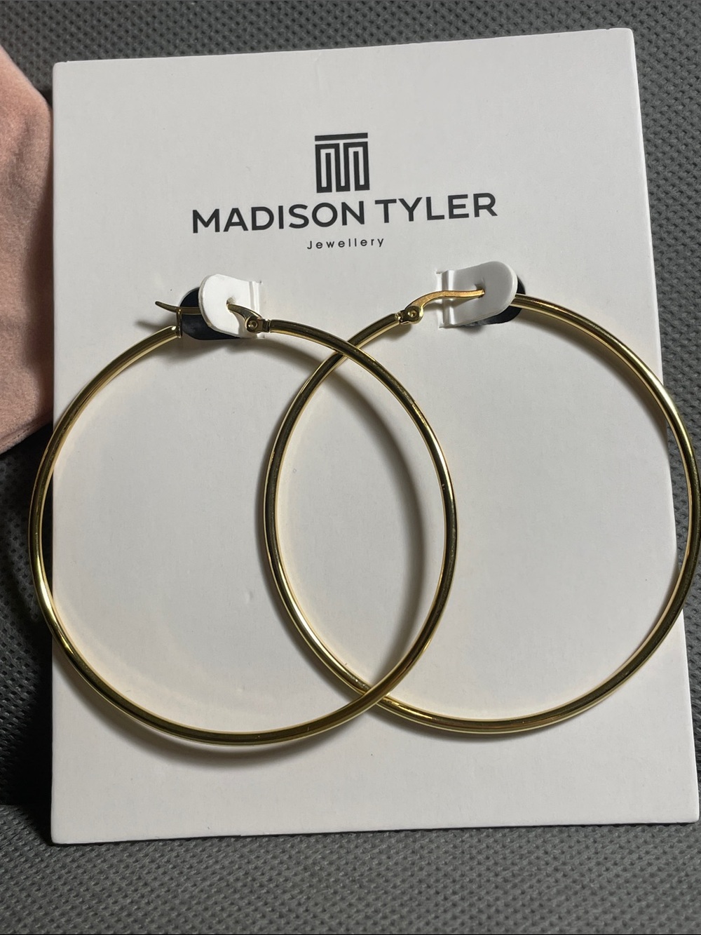 Madison Tyler Gold Hoop Earrings - Large 2.5” in original pouch
